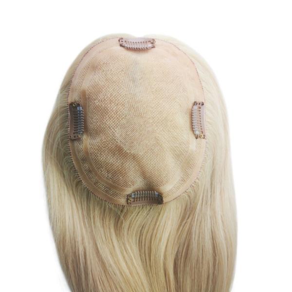 Mono Base PU European Human Hair Topper 5.5X6 Straight Blonde Hair Toupee with Clip 16 for Women