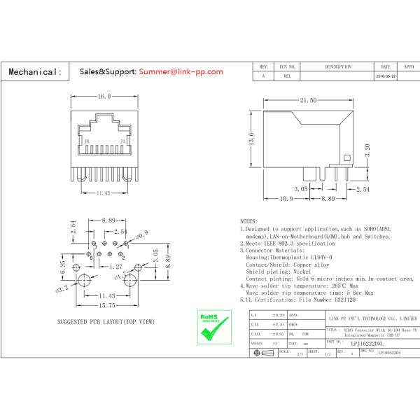 SD-48025-007 Magnetic RJ45 Jack LPJ1035AHNL 10 / 100M 25.4mm Shiled With LEDs