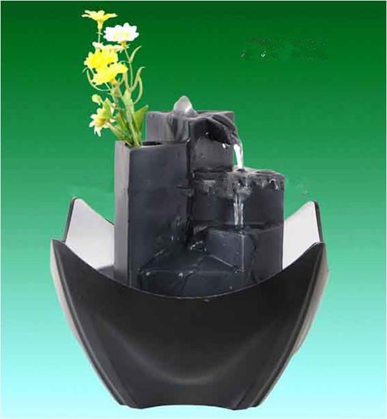 Black Tiered Battery Operated Resin Garden Fountains With Flower Pot