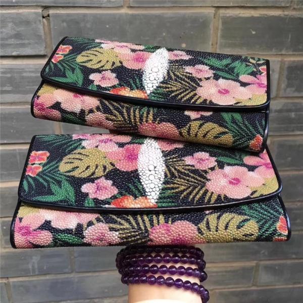 Authentic Stingray Skin Female Long  Flower Trifold Wallet Genuine Leather Lady Large Clutch Bag Women Floral Coin Purse