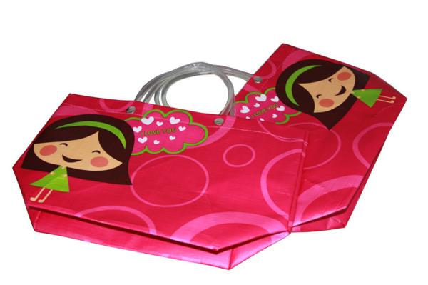 Reusable Orange PP Woven Shopping Bags With Transparent PVC Handle, Danceing Girls Pattern