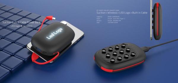 2019 New Portable Built-in Cable Power Bank 10000mAH With Suction Cup、LED Light-Up Logo and Wireless Charging Function