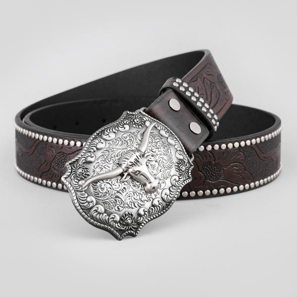 Unisex Vintage Cow Head Embossed PU Leather Belt with Buckle Fastening Western Rivet Belt