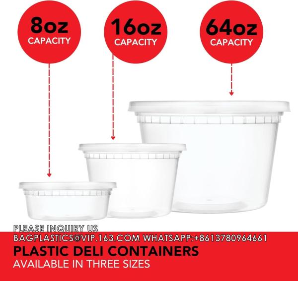 8oz 16oz 24oz 64 oz. Plastic Food Storage Deli Containers with Lids, Ice Cream Bucket & Soup Pail