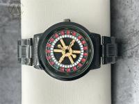 Casse ronde en acier inoxydable courroie de quartz montre avec bordure en alliage noir
