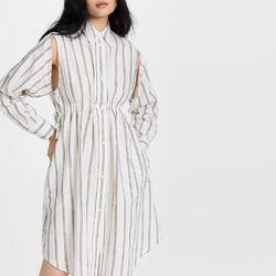                  Ladies Collared Neck Dresses Long Sleeve Side Pocket Cotton Striped Print Shirt Dress for Women             