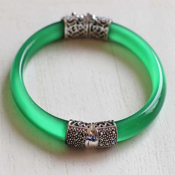 Women Vintage Jewelry Sterling Silver Zirconia Bangle Bracelet (015741GREEN)