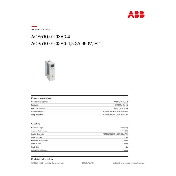ABB ACS510-01-03A3-4 Inverter Three-Phase 380V-480V Input Customized Size 465*365*225