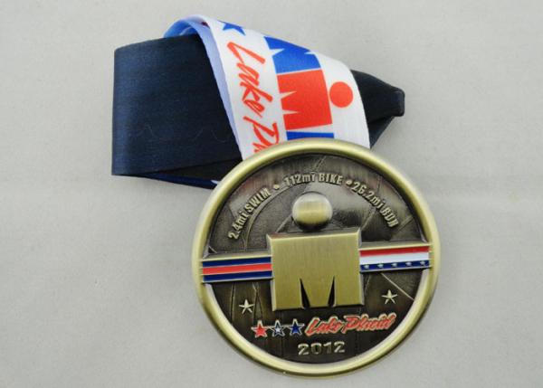 IRON KIDS medal, die casting with soft enamel, antique brass plating, Full color printing ribbon.
