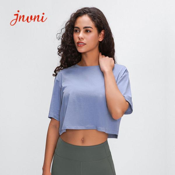 Women Fitness Cotton Yoga Loose Fit T-shirts Basic Crew Neck Breathable Gym Crop Top