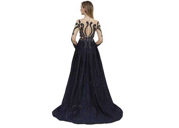 Dark Blue Color Long Sleeve Beading Arabic Evening Dresses Eco Friendly