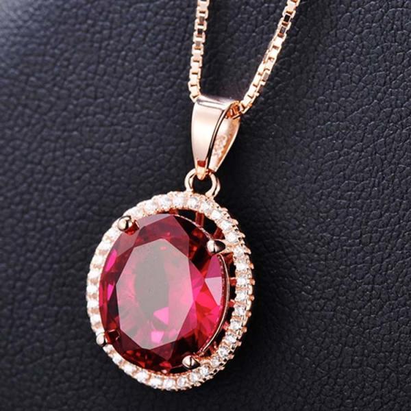 Rose Gold Plate Sterling Silver Oval Pink Cubic Zirconia Pendant Necklace 18 Inches（N12283）