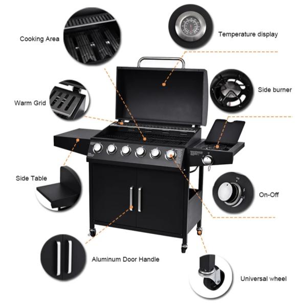 Grill à gaz au butane à 6 brûleurs 60000btu pour un barbecue extérieur personnalisable à 85 cm