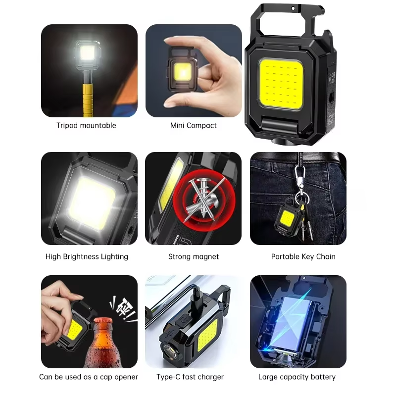Multifunctional Three-headed Keychain Lamp Portable Cob Mini Camping Lamp Type-c Working Lamp Outdoor Flashlight