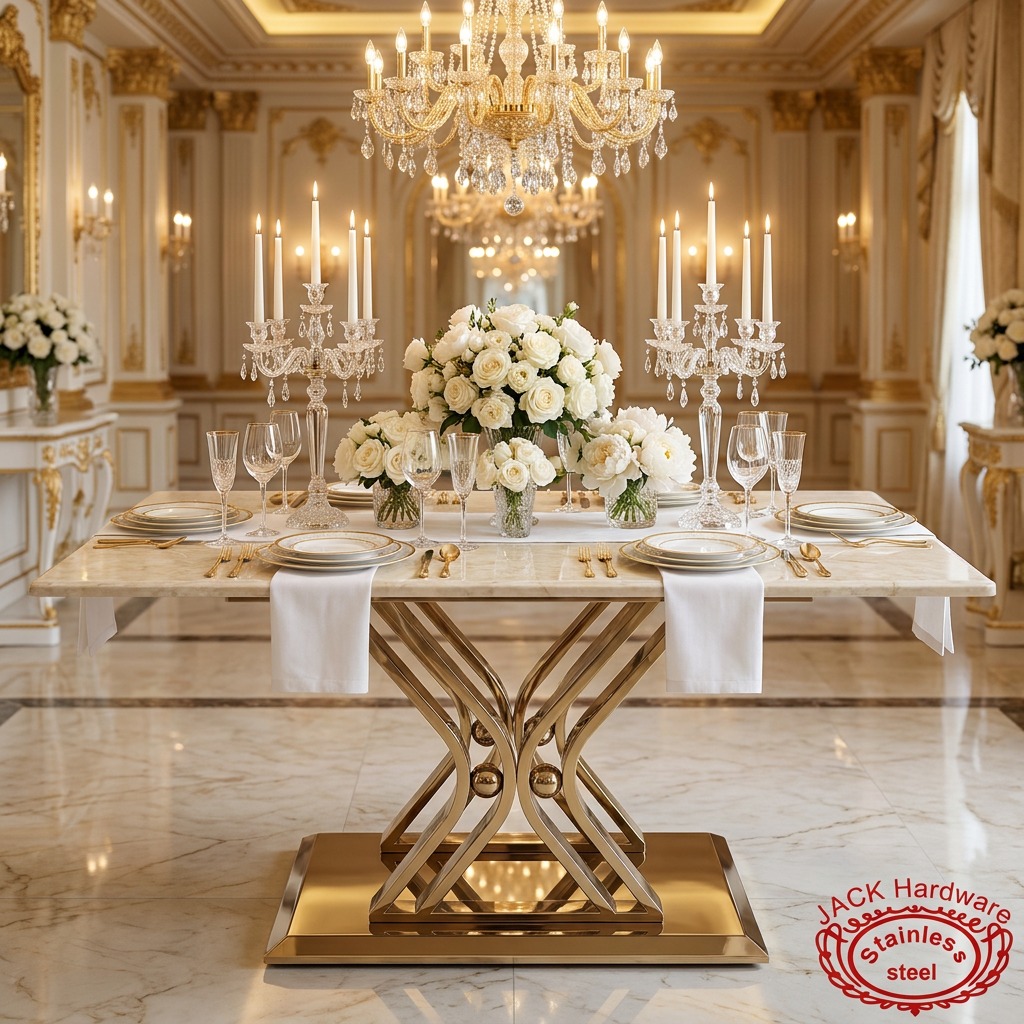 WENDING Gold X-Twist Arc-Tube Central Base Marble Dining Table – Sculptural Hotel Table