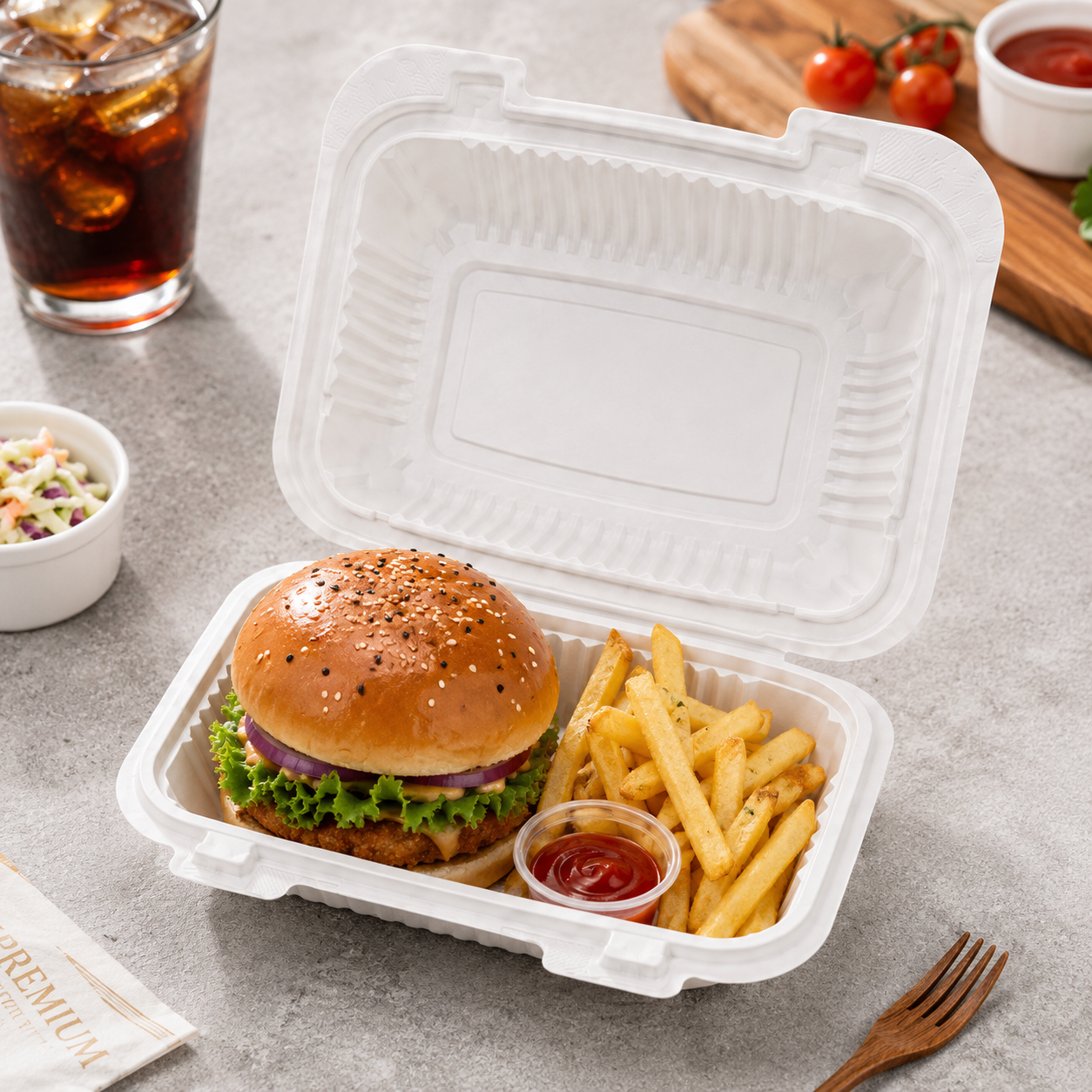 SC-96 White PP Clamshell Takeout Containers for Restaurant Meal Packaging
