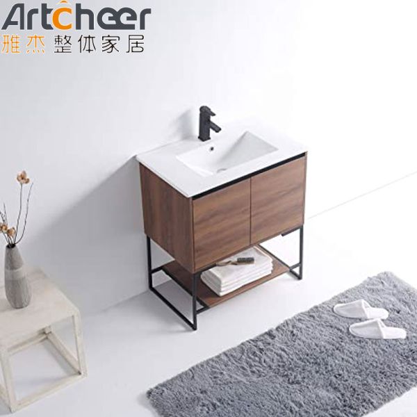 Modern Bathroom Vanity Cabinet with Steel Legs Open Shelf and Two Door Design