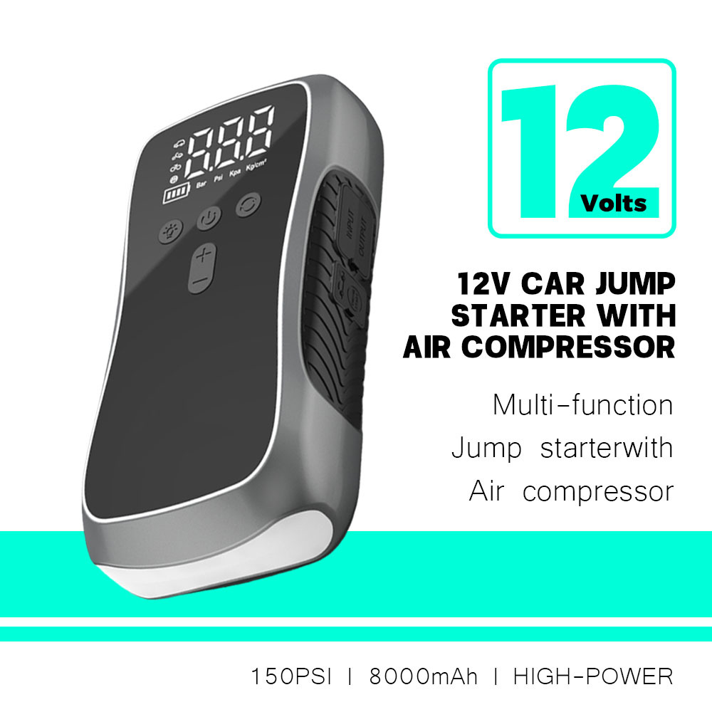Smart Digital 12V Jump Starter with 150 PSI Air Compressor, 8000mAh Battery & LCD Display