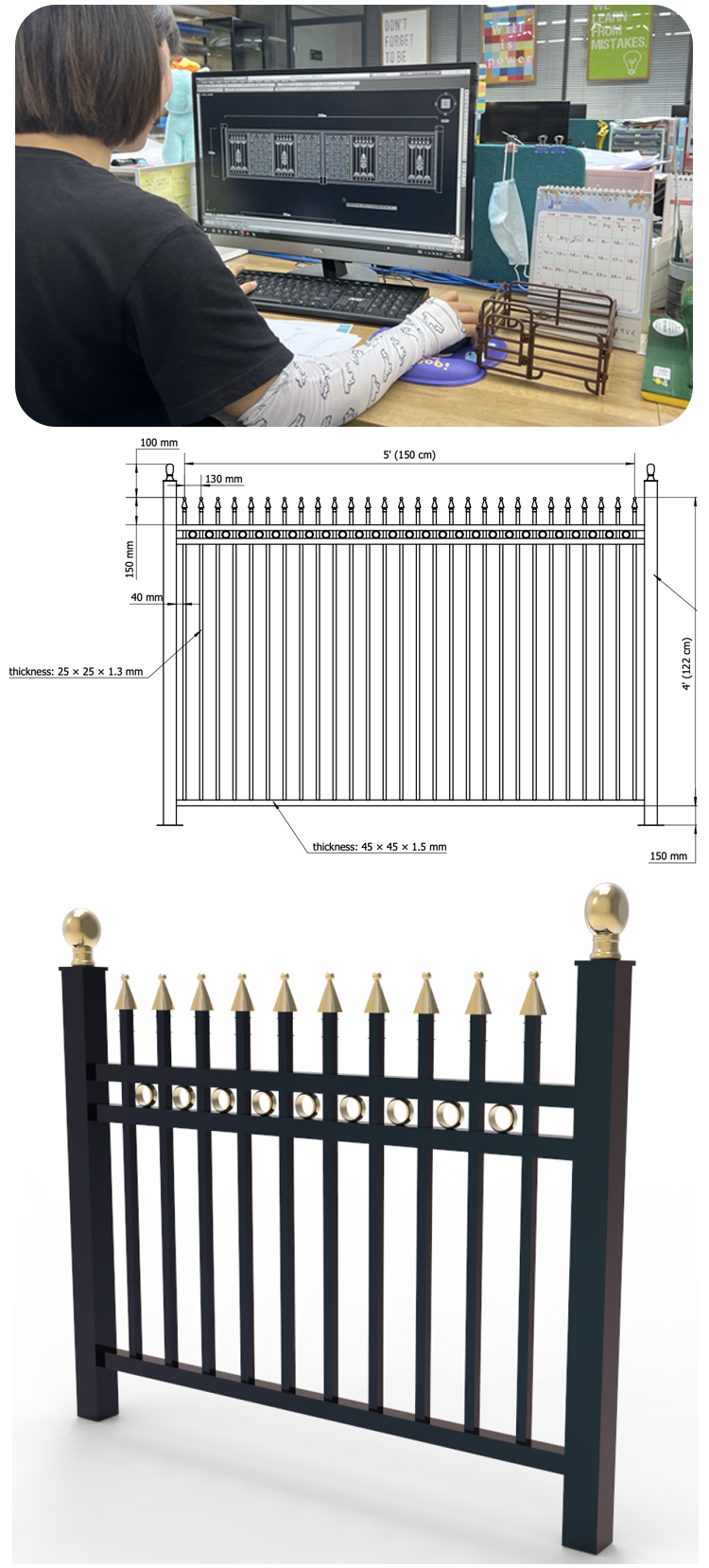 Power Coated Low Carbon Steel Picket Fence Panel - Easily Assembled Garden Fence