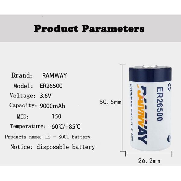 High Capacity 9000mAh ER26500 3.6V Lithium Primary Semi-solid State A-Grade RAMWAY Battery Smart Meters Sensors Electric