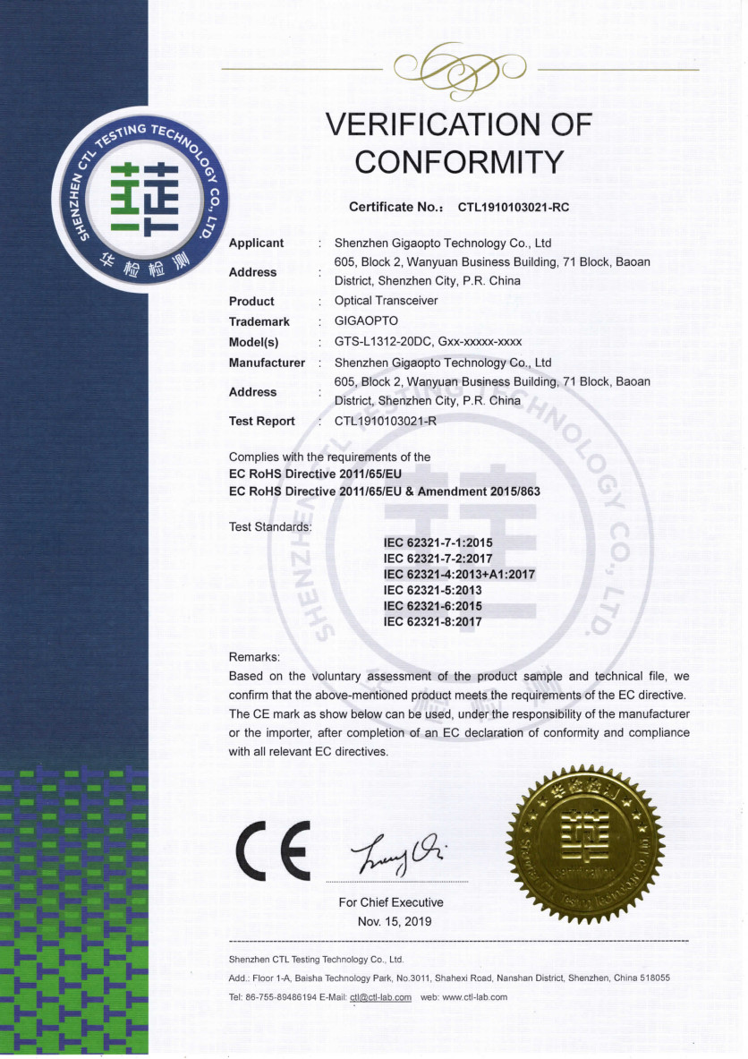 Shenzhen Gigaopto Technology Co., Ltd. Сертификации