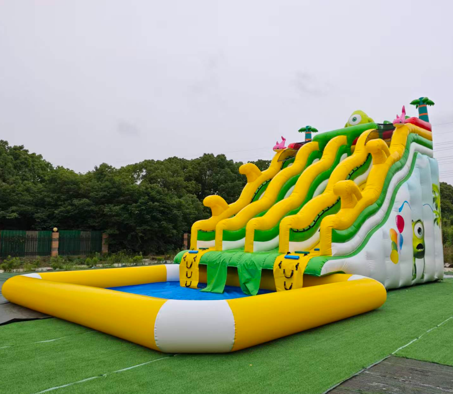 Cartoon Monster University Themed Inflatable Water Slide, Outdoor Tropical Palm Tree Inflatable Waterslide With Splash Pool For Kids Event Business