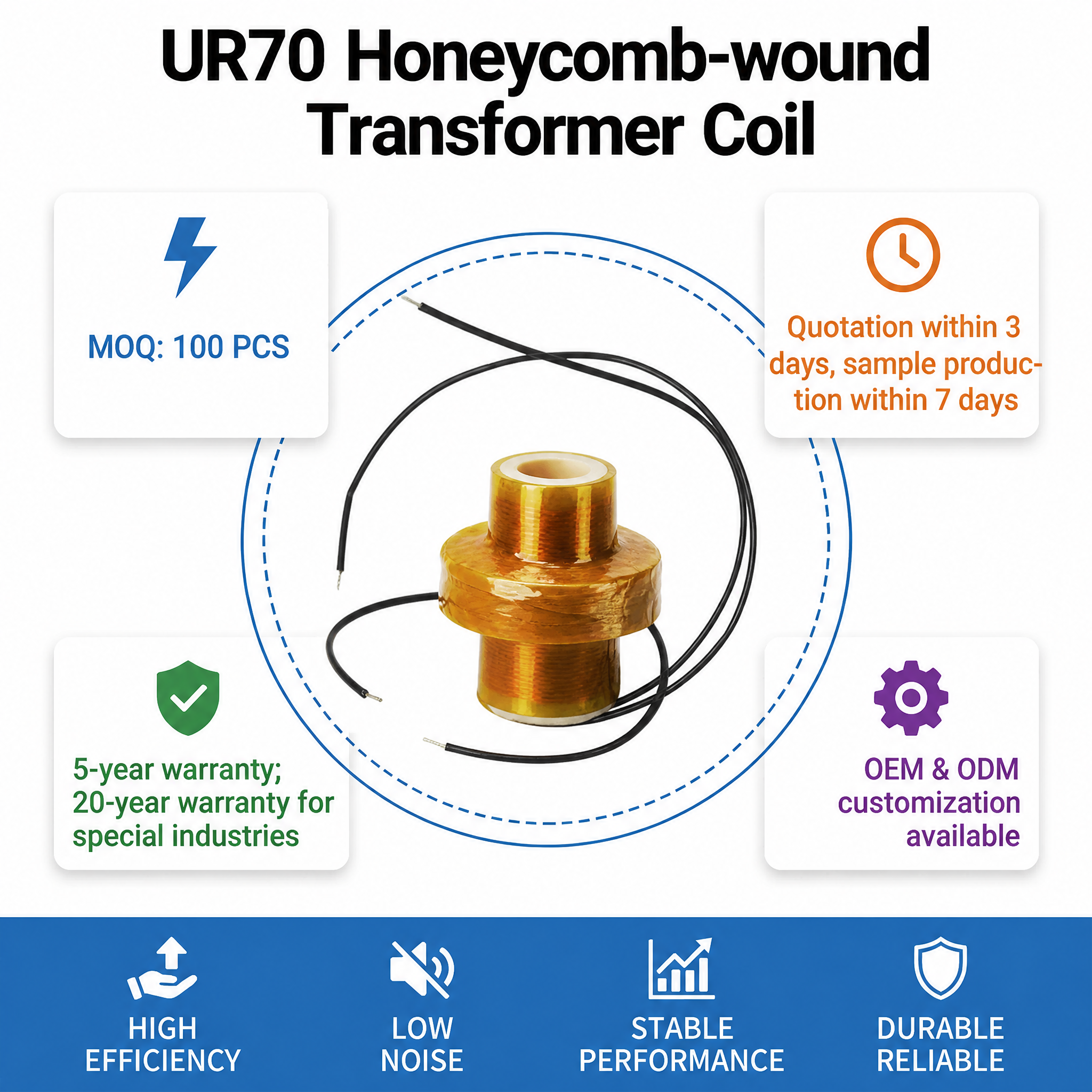 UR70 High Efficiency High Frequency Transformer Coil Stable Reliable Performance