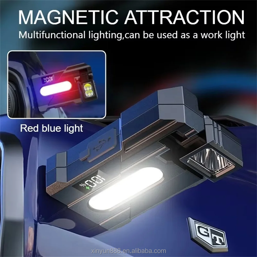 Cross-border Flashlight Work Lamp New Magnetic Work Lamp USB Charging Digital Display Multi-angle Rotatable Red and Blue Alarm