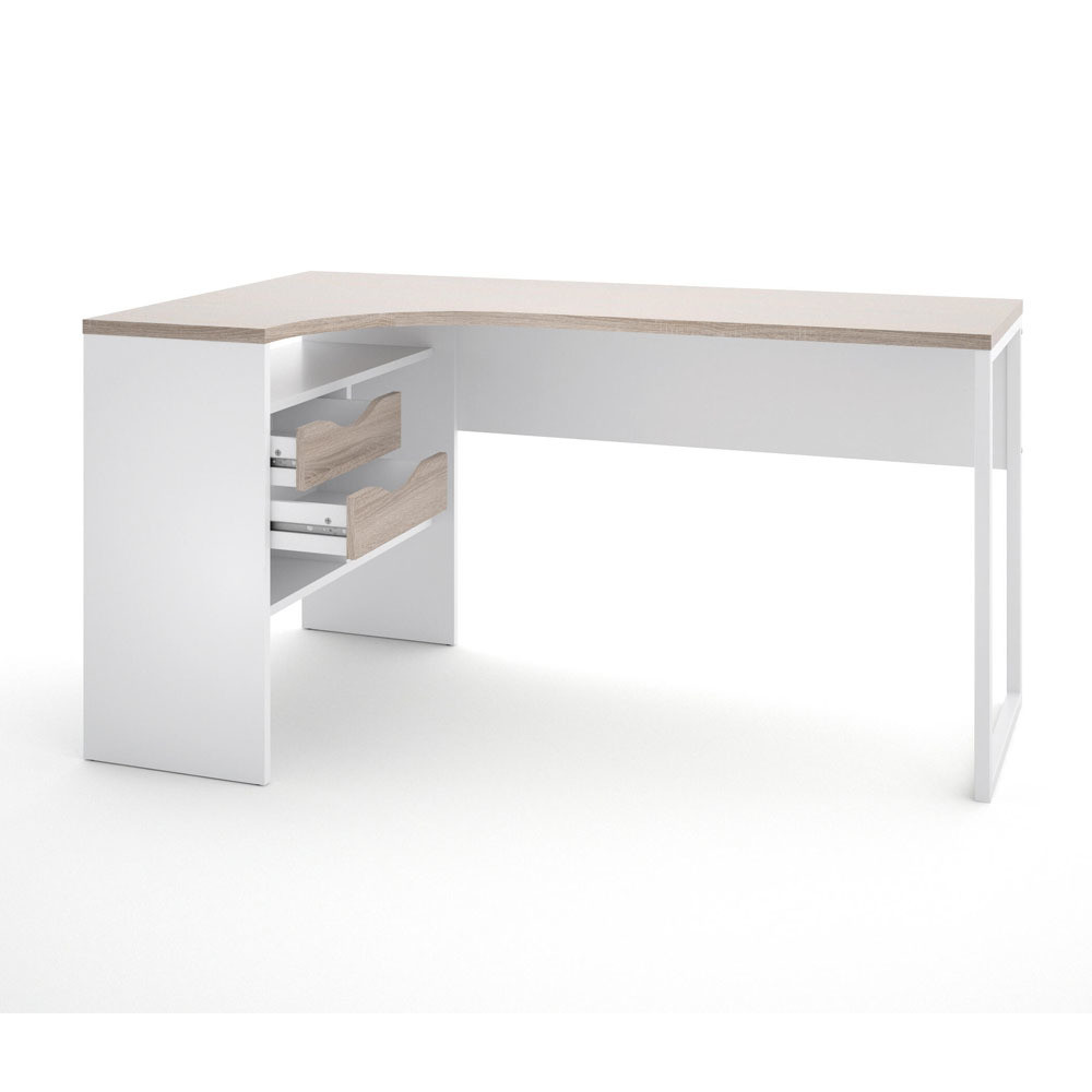 Student White L-Shaped 2-Drawer Computer Desk with Truffle Top and Foldable Design