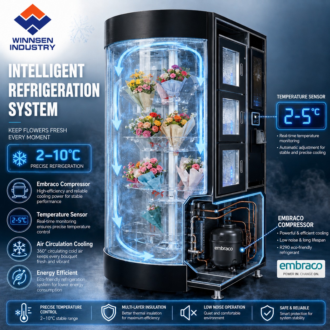 Winnsen Transparent Shelf Flower Vending Machine with Humidification System and 22 Inch Touch Screen
