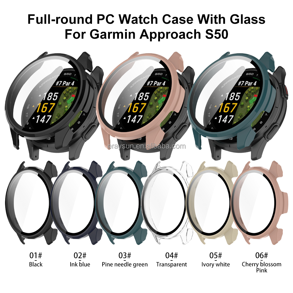 Eraysun Tempered Glass Case for Garmin Approach S50 Watch Full Coverage Bumper Protective Shell Screen Protector