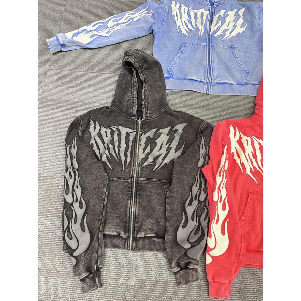 T-shirts à capuche personnalisés en coton 100% imprimé en poudre de coton vêtements de rue lavés à l'acide T-shirts à fermeture à glissière lourds