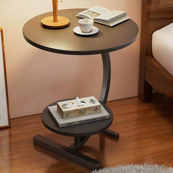 2-Tier Round Sofa Side Faux Marble End Table, Beside with Storage Shelf C-Shaped Legs, Nightstand for Living