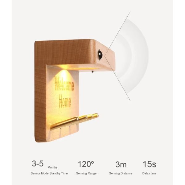 IP20 LED Indoor Wall Lamp Motion Sensor Light With Wooden Key Holder 3000K