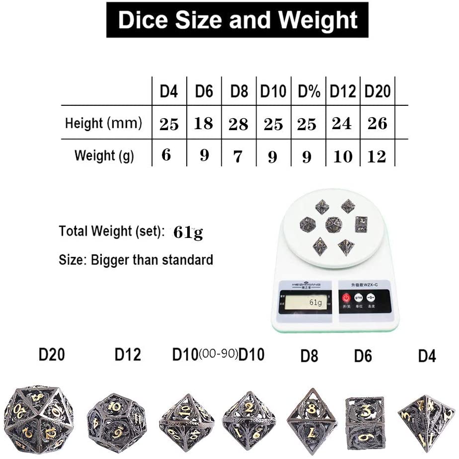 Pure Copper 7-dice Set Metal Hollow Dice with Customized Color for DND and Board Games