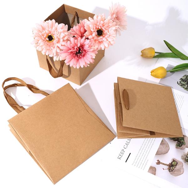 Kraft Paper Gift Bags Set Square Bottom Flower Bouquet Bakery Shopping Bags With Handles