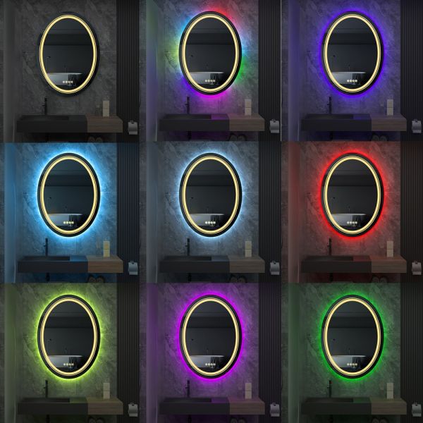 Oval RGB LED Lighted Smart Bathroom Mirror High Definition Eco-Friendly Explosion-Proof Anti-Fog Modern Design IP44 Illuminated