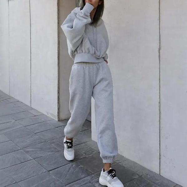                  Autumn Winter Jogger Jumper Gym Workout Women Fall 2 Piece Set Crop Top Oversize Hoodie Tracksuits             