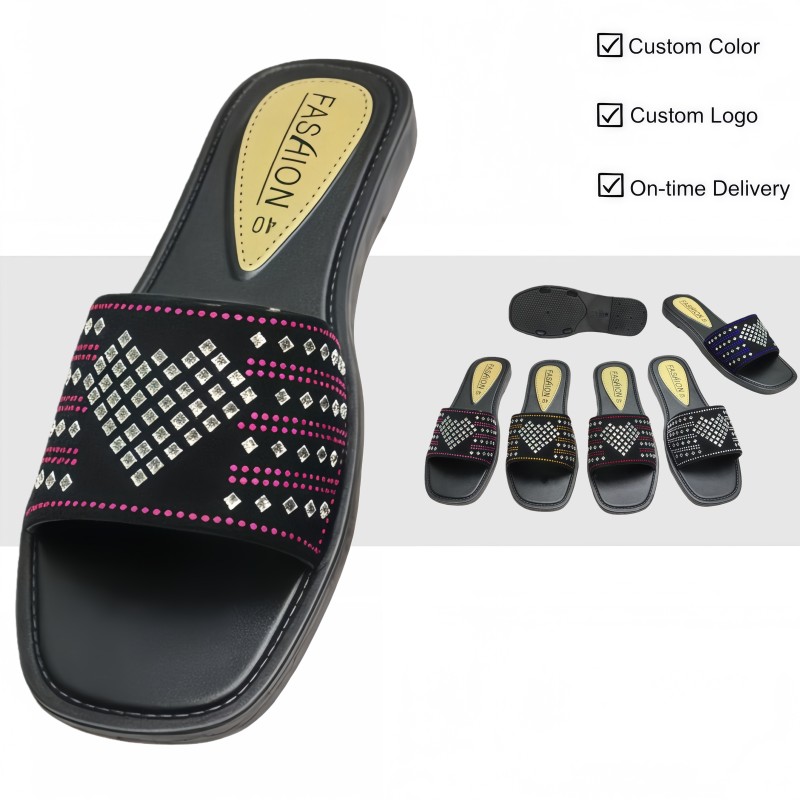 Factory Direct PVC Women Rhinestone Slides Wholesale Fashion Flat Sandals