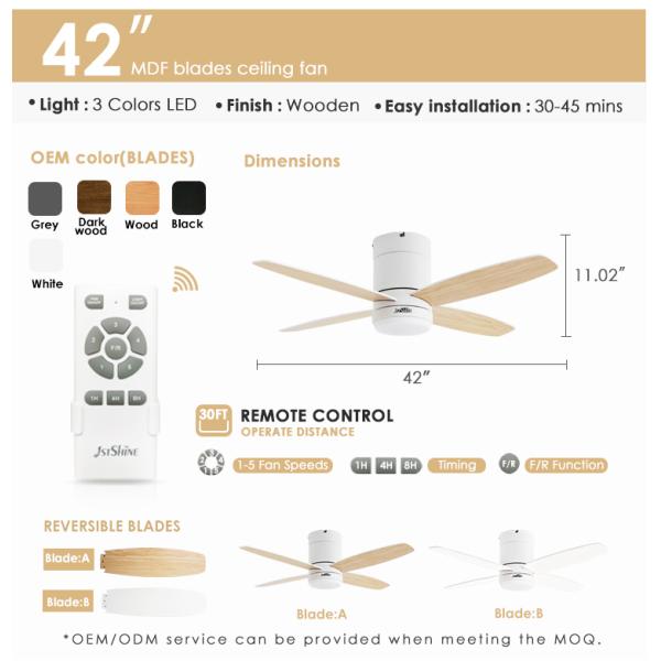 2- 1stshine 42 polegadas Smart Remote LED ventilador de teto com 4 lâminas reversíveis e motor
