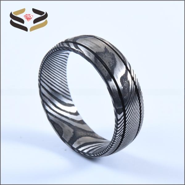 Bague Homme Noire en Acier Damas 8mm Double Rainure pour Fiançailles Mariage