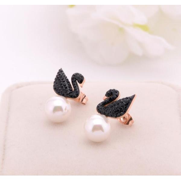 Elegant Pearl Drop Earrings for Women Jewelry, Black Diamond Swan Stud Design Earring for Women