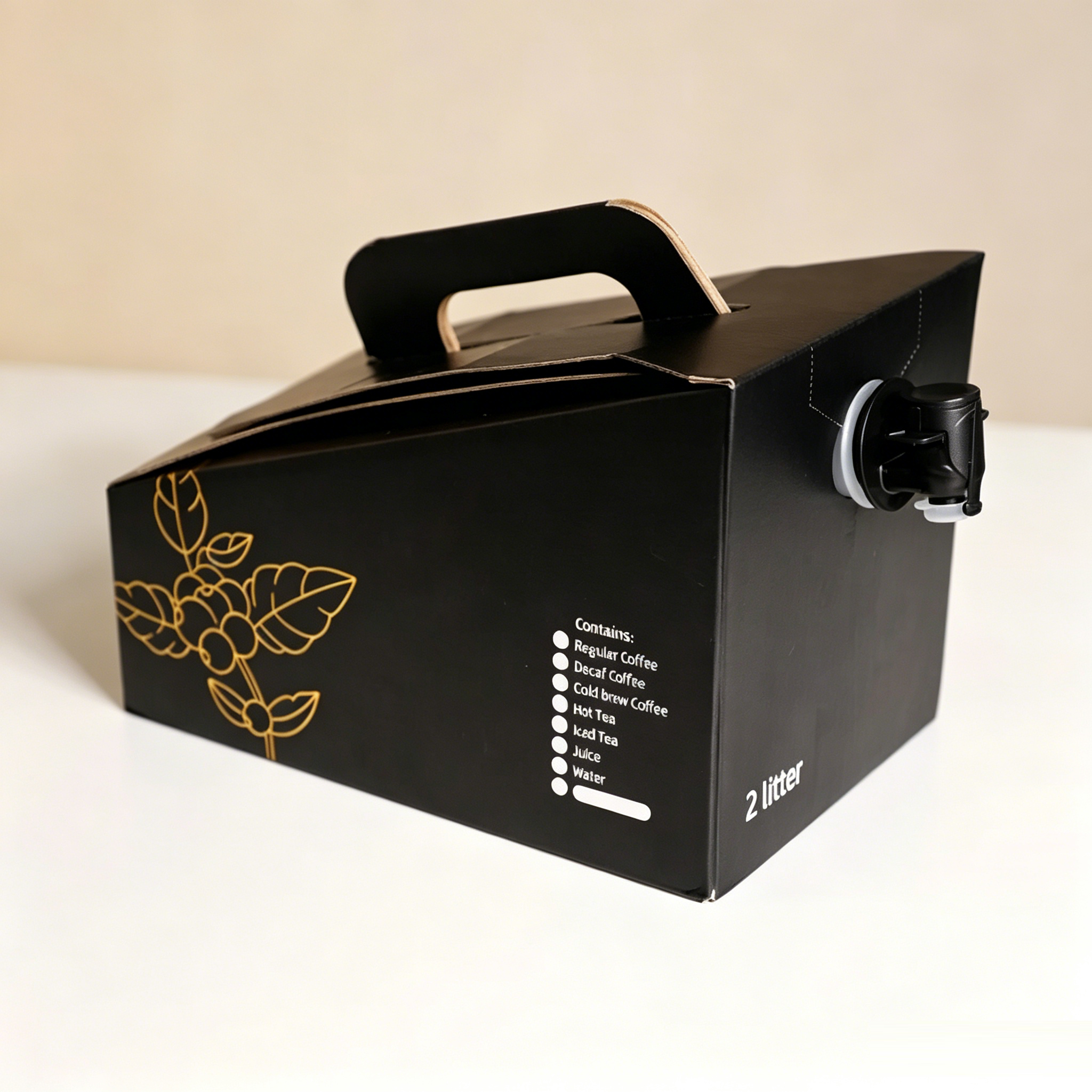Custom Printed Black Coffee Box With Handle & Aluminum Foil Bag In Box Tap Liner | Disposable Bag In Box Coffee Packaging Set For Cold Brew & Liquid Coffee