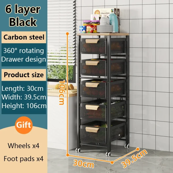 6 Tier Kitchen Metal Rolling Basket Utility Cart Storage Stand Fruit Vegetable Snack Organizer Shelf for Home