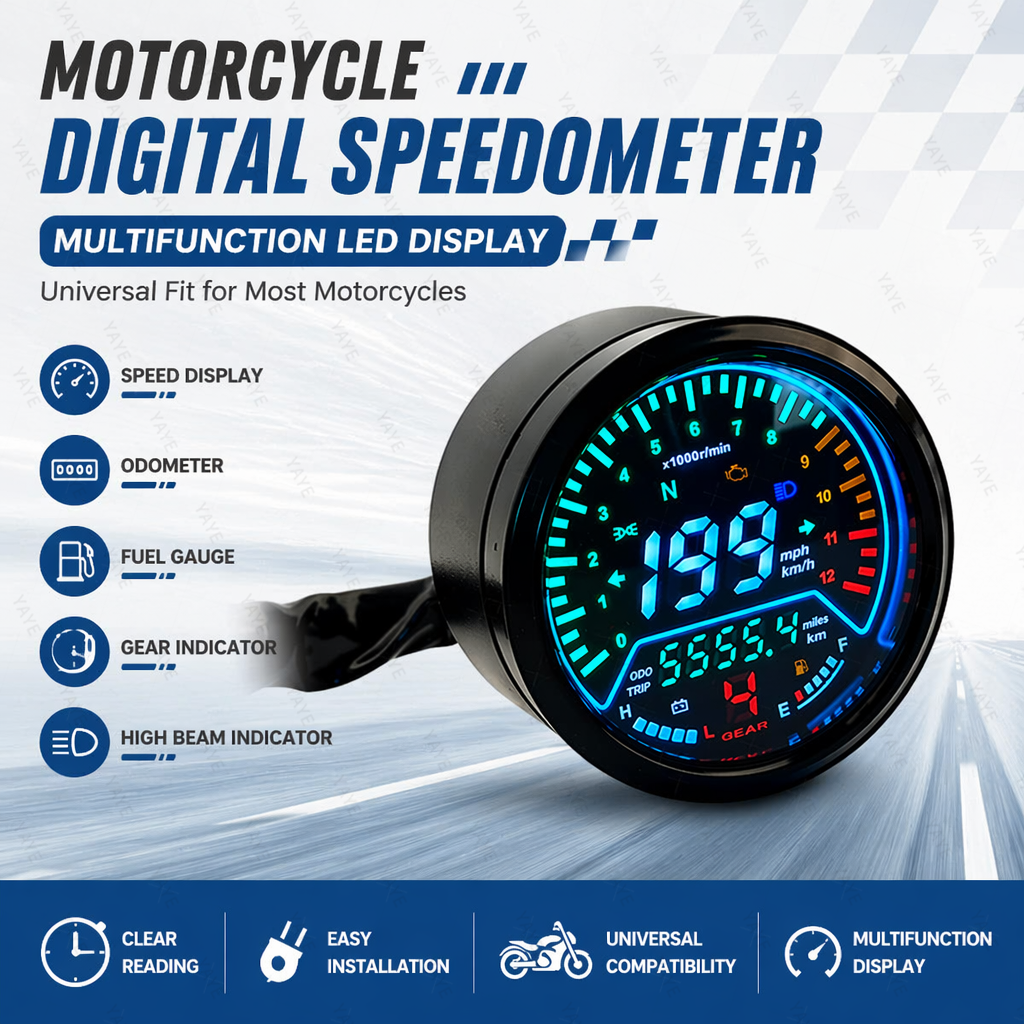Motorcycle Tachometer Speedometer LCD Fuel Level Gauge Voltmeter Gear Indicator Km/h MPH Display