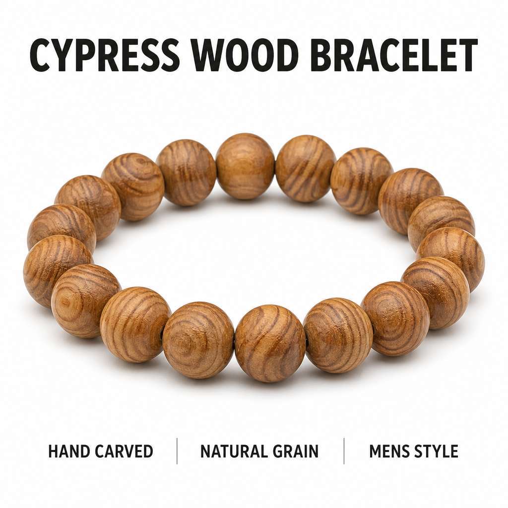 Natural Cypress Wood Taoist Bracelet with Hand-Carved Beads and Matte Smooth Finish for Meditation