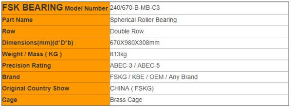 Large Size 240/670-B-MB-C3 Spherical Roller Bearing For Printing Machine / Reducer