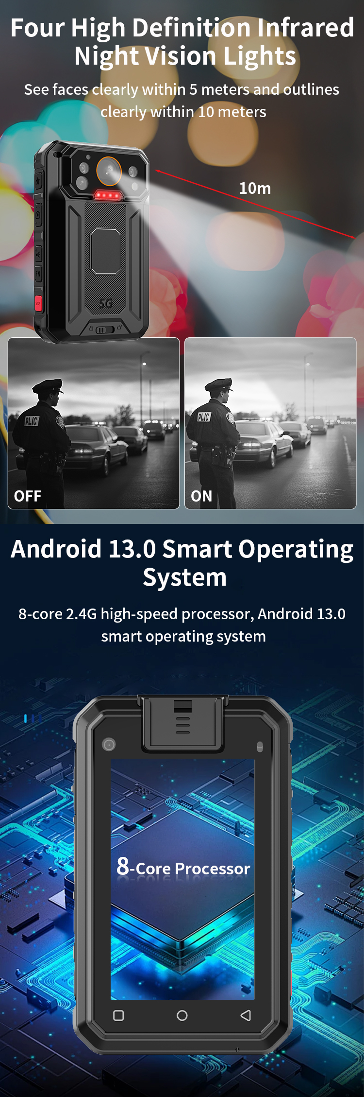 Mini 5G Body Worn Camera Android 13.0 System 4K HD Video 3.1'' Touch Screen IP68 Waterproof Security Camera with Wifi GPS BT
