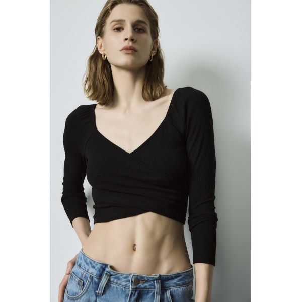 Modal Spandex Basic Long Sleeve Crop Top Ribbing Short Sleeve Plain Black