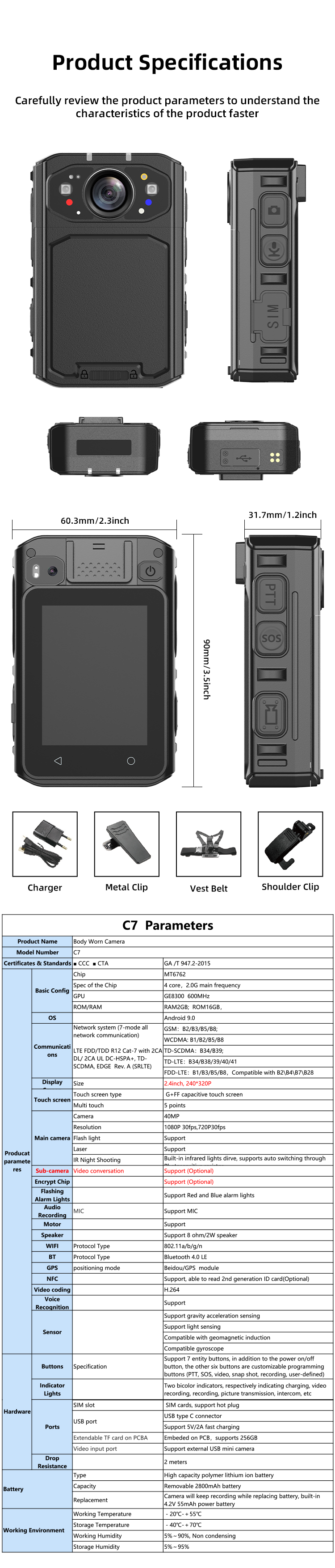 Portable 4G Body Worn Camera HD 1080P 40MP 2.4'' IR Night Vision Waterproof Body Camera With WIFI&GPS&BT Function